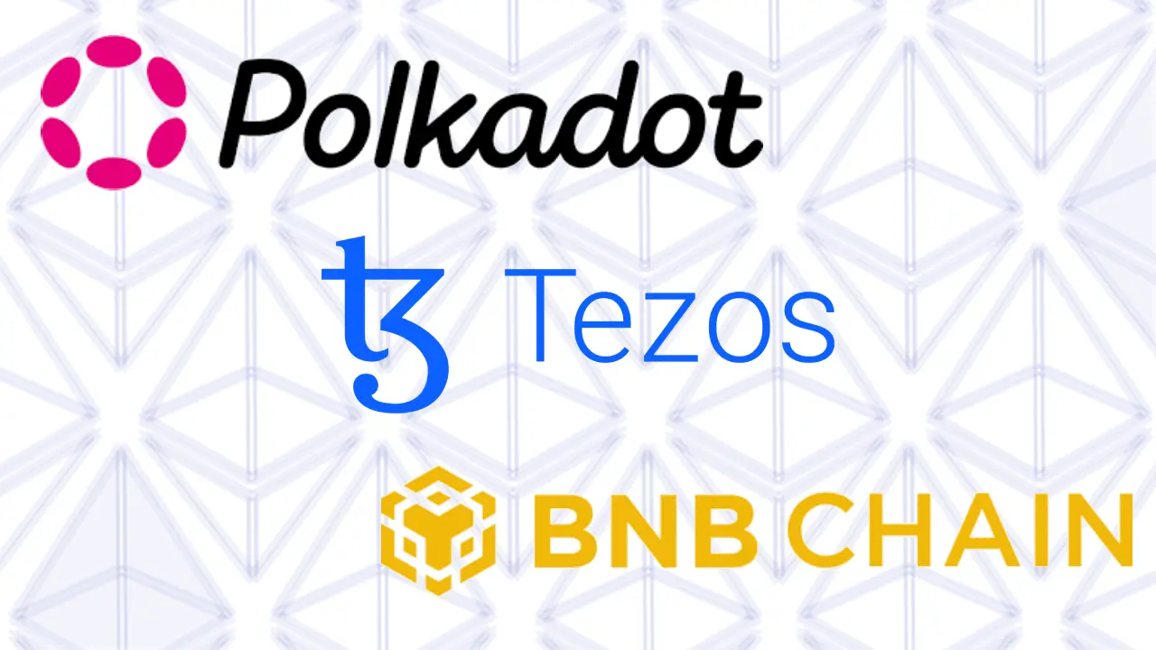 logos of Polkadot, TTezos,BNB Chain