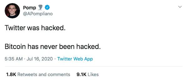 On the recent attack on Twitter, Anthony Pompliano said that Twitter was hacked, not Bitcoin. 