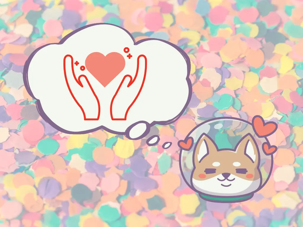 illustration with a happy shiba inu in a spaceman helmet thinking about people communicating with each other
