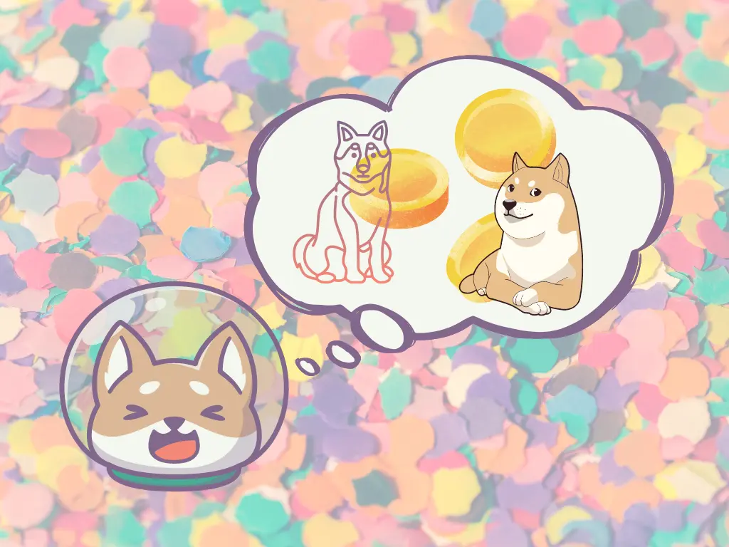 illustration with a happy shiba inu in a spaceman helmet thinking about doge, husky, and coins