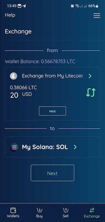 exchange tab in edge app, 20 usd worth of litecoin and solana are chosen as assets for crypto exchange