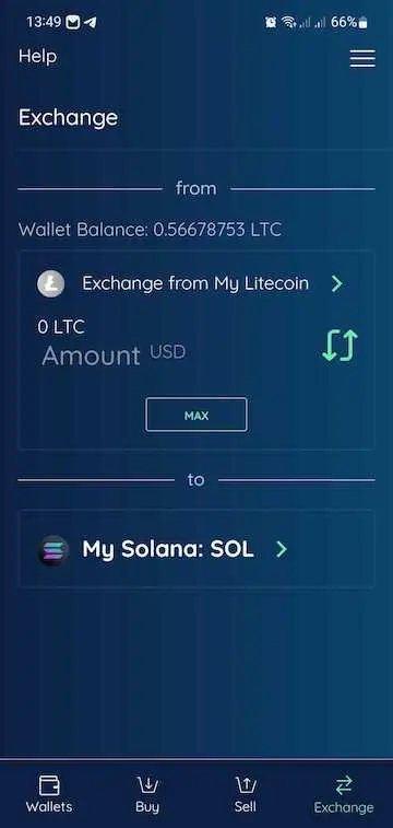 exchange tab in edge app, litecoin and solana are chosen as assets for crypto exchange