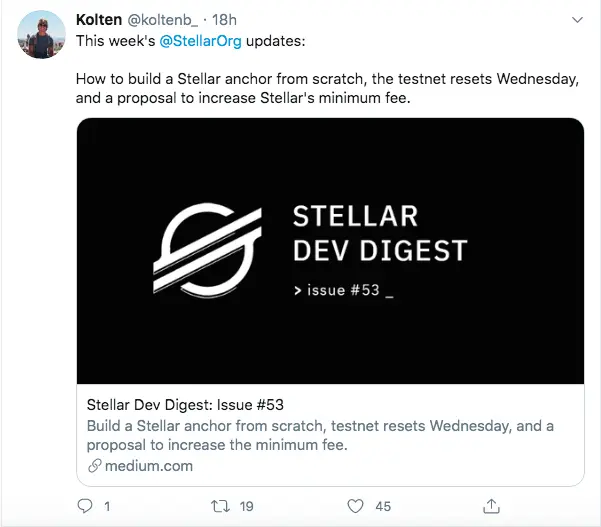 Stellar Development Foundation developer, Kolten shared anchor building process and proposal to increase the minimum fee on Twitter